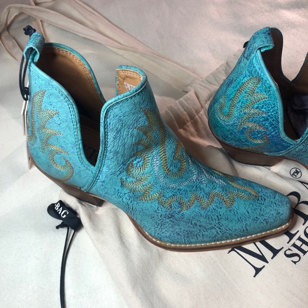 Myra Turquoise Ankle Booties with Gold Accents. Run Large - Picture 3 of 16